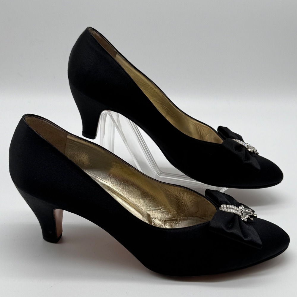 Vintage Salvatore Ferragamo Black Satin Rhinestone Bow Evening Pumps Heels 10 B